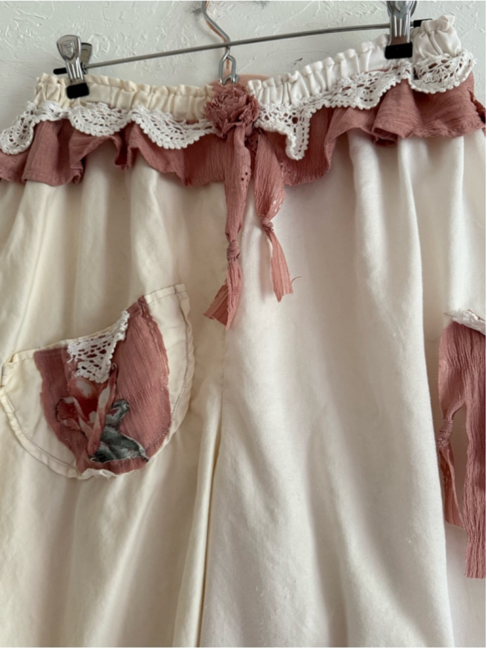 Handmade upcycled wearable art boho bloomers featuring a cream and dusty rose pa - Picture 10 of 14